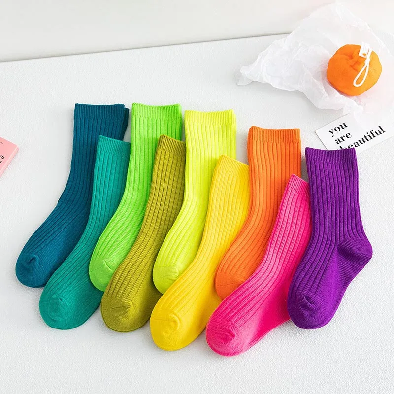 

1-14T Fashion product high quality combed cotton pit pile pile Babys kids socks fluorescent candy color medium tube socks