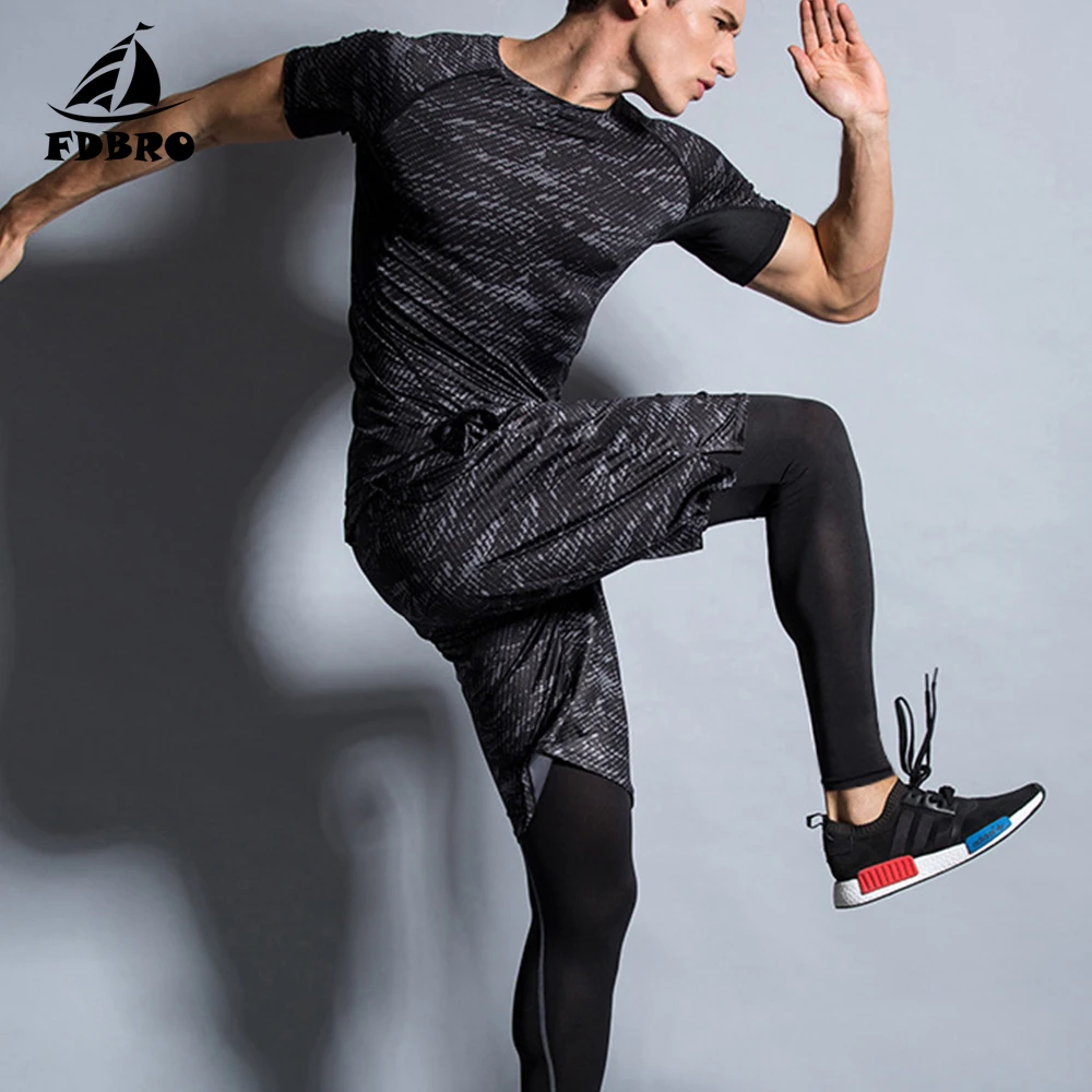 FDBRO Men's Compression Set Running Tights Workout Fitness Training Tracksuit Shirts Sport Suit Kit Running Gym Shirt Men