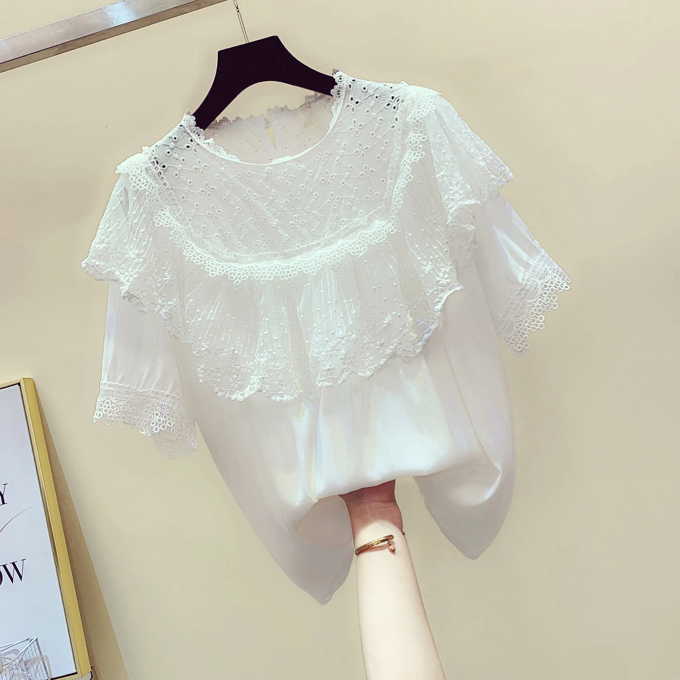 

Lace Stitching Ruffles Solid Color Round Neck Short-Sleeved Shirt Women's 2020 Summer Korean-Style Loose Top Blouse Blusas