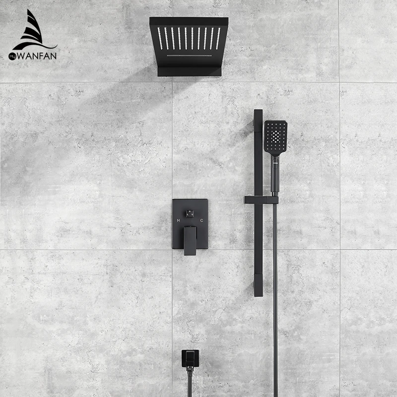 Смесители для душа матовый черный настенный смеситель для ванной комнаты Набор дождевой Площади Большая душевая головка ручной клапан смеситель для ванны кран YB-623R