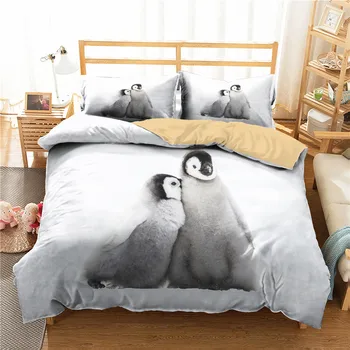 

Penguin Couple Print Bedding Sets 2/3 Pieces Single Double for Kids Animals White Quilt Cover with Pillowcase Winter Bedspread