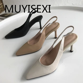 

Slingbacks shoes women summer sandals full grain leather pointed toe 8cm high thin heels slip on elegant shoes DMJ28 MUYISEXI