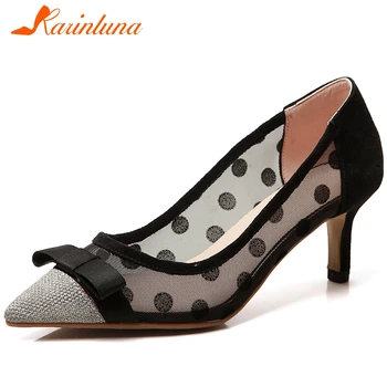 

Karinluna New Arrivals 2020 Kid Suede Thin Heels Party Pumps Woman Shoes Pointed Toe Slip-On Sweet Bowtie Shoes Women Pumps
