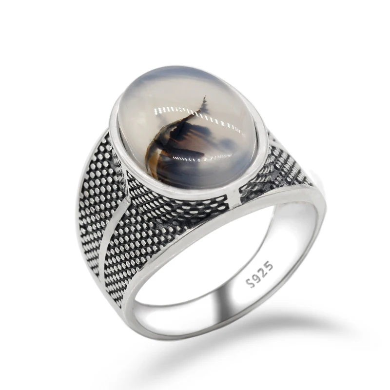 Real Silver 925 Sterling Silver Men's Ring Big Natural Onyx