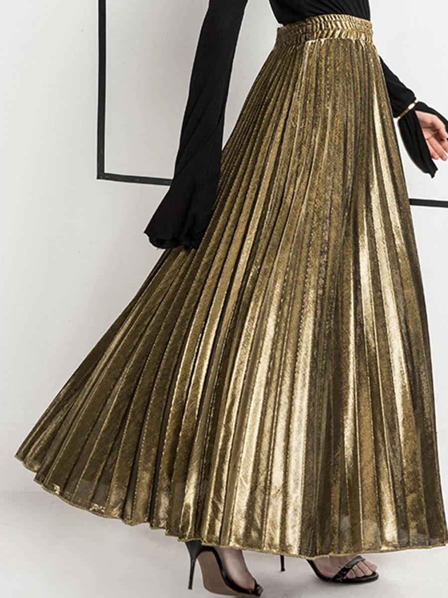 

2019 Autumn Glitter Sparkly Long Skirts Women Golden Fashion High Waist Elegant Ladies Shinny Maxi Pleated Skirt Fall Female