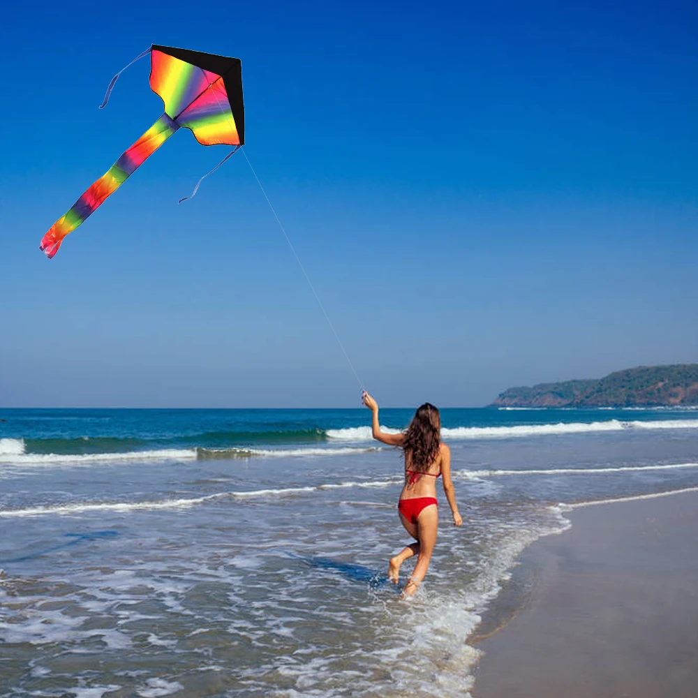 105 x 67cm Kite Colorful Rainbow Delta-shaped Flying Kite Outdoor Beach Toys for Kids Adults with Tail Ribbons