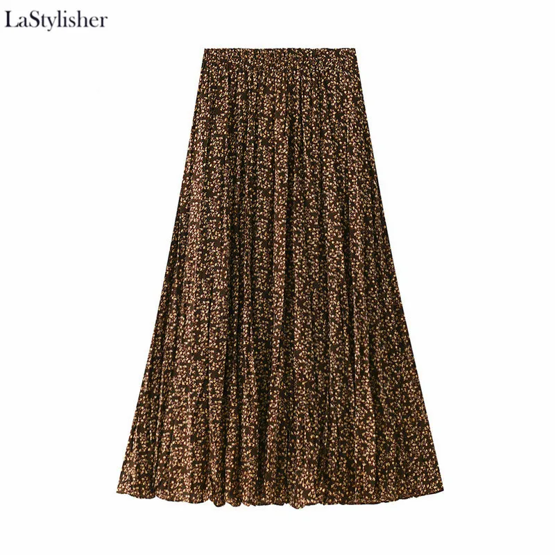 brown small floral LaStylisher/бархатные теплые юбки для женщин; сезон осень-зима; юбка в горошек с цветочным рисунком; трапециевидные длинные женские плиссированные юбки; модная женская одежда - Цвет: brown small floral