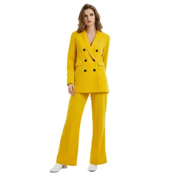 

Yellow Color Pants Suits Women Fashion Long Sleeve Jacket Long Wide Leg Pants Women Double Breaste Suits Female Ladies