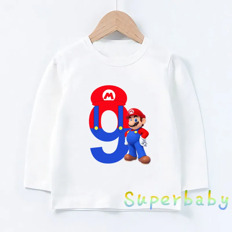 Детская футболка с принтом «Happy Birthday Super Mario» и цифрой 1-9, Забавные топы с рисунками для маленьких мальчиков и девочек, Детская футболка с длинными рукавами, LKP5233 - Цвет: LKP5233-I