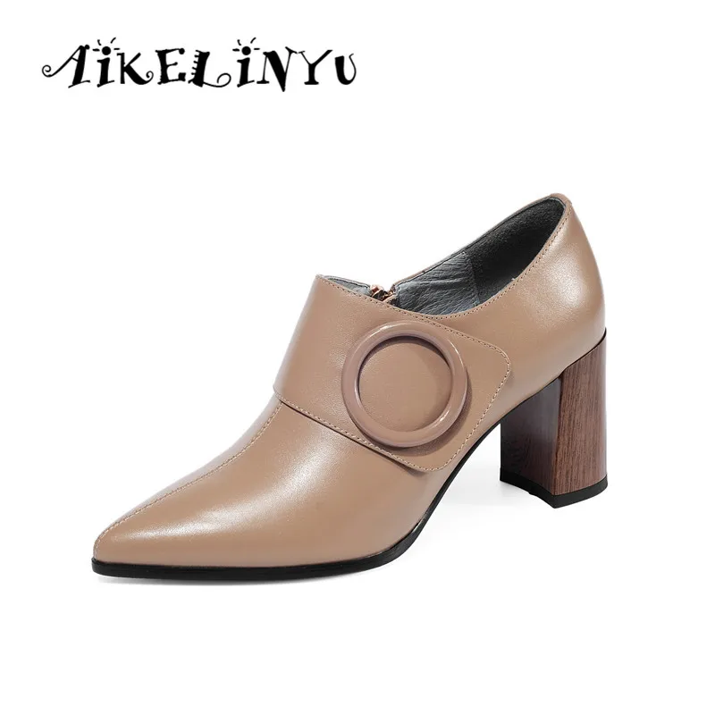 

AIKELINYU Sexy Pointed Toe Pumps High Quality Cow Leather Comfortable Square Heel Shoes Special Design Elegant Women's Pumps