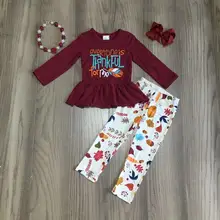 Детские наряды для Дня благодарения, винно-красный топ с белыми цветочными штанами, эксклюзивная детская одежда с аксессуарами