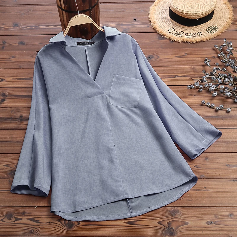 Blue Blusas Top, ZANZEA, Летняя туника для вечеринки, топы, повседневная Однотонная футболка с v-образным вырезом, женская Свободная блузка с длинным рукавом, рубашка, Женская сорочка - Цвет: Blue