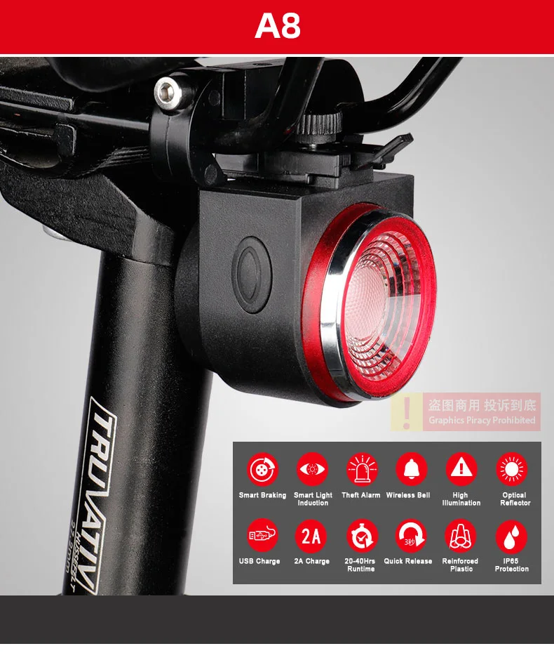 Rechargeable Rear Bicycle Light Brake Bike Tail Lamp Wireless Remote Control Cycling Taillight Anti-theft Burglar Alarm Bell