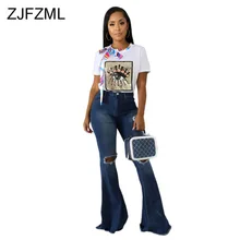 Пустое отверстие рваные расклешенные джинсы для женщин высокая Талия пуш-ап колокольчик снизу джинсовые брюки уличная винтажная синяя обтягивающие джинсы