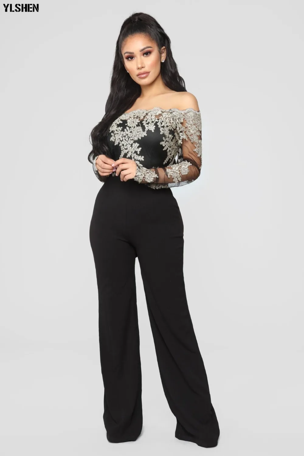 Women Jumpsuit Sexy Lace Ladies Jumpsuits Party Casual Wide Leg Overalls Off Shoulder Long Sleeve Romper Skinny Rompers Trousers 19