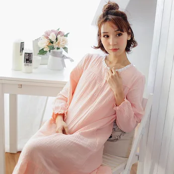 

Spring and Summer Women's Night Dress 100% Cotton Simple Style Lace Design Peignoir Lace Nightdress Women Night Wear