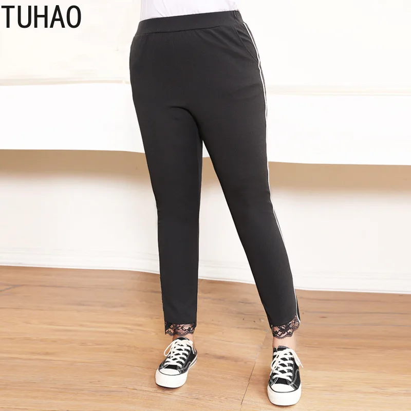 TUHAO, большие размеры, 10XL, 8XL, 6XL, женские повседневные штаны с эластичной резинкой на талии, женские осенние и зимние черные брюки для активного отдыха, кружевные штаны, WM24