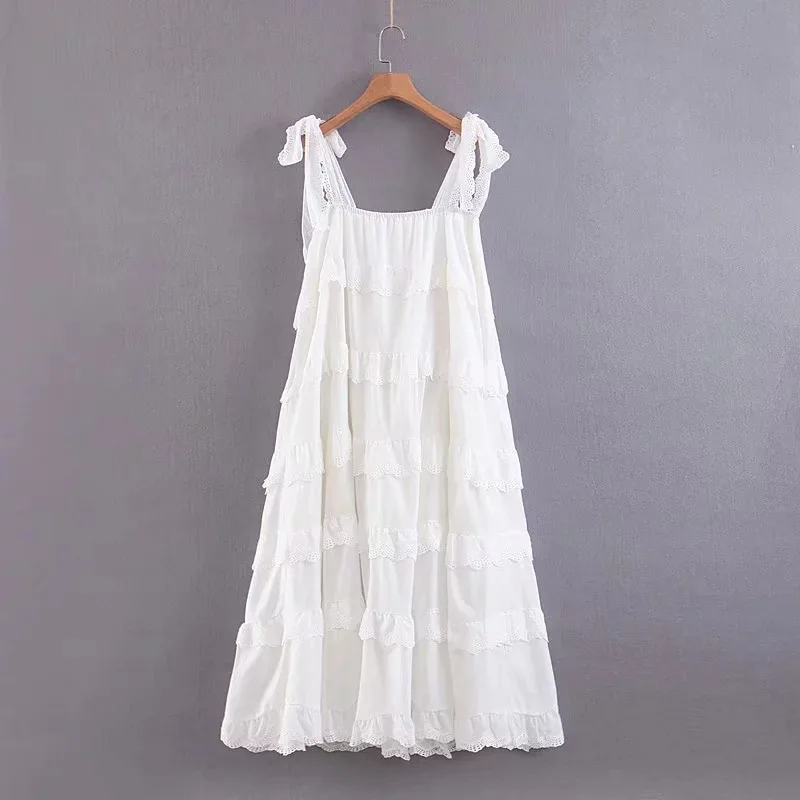 

Nice Summer Women Lace Trims Layered Ruffles Party Dress Sexy Big Swing Patchwork Dress Elegant Backless Casual Dress