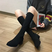 Пикантные сапоги до колена; сезон осень-зима; женские сапоги; тянущийся носок; Новинка года; модные сапоги без шнуровки; цвет бежевый, черный; женская обувь