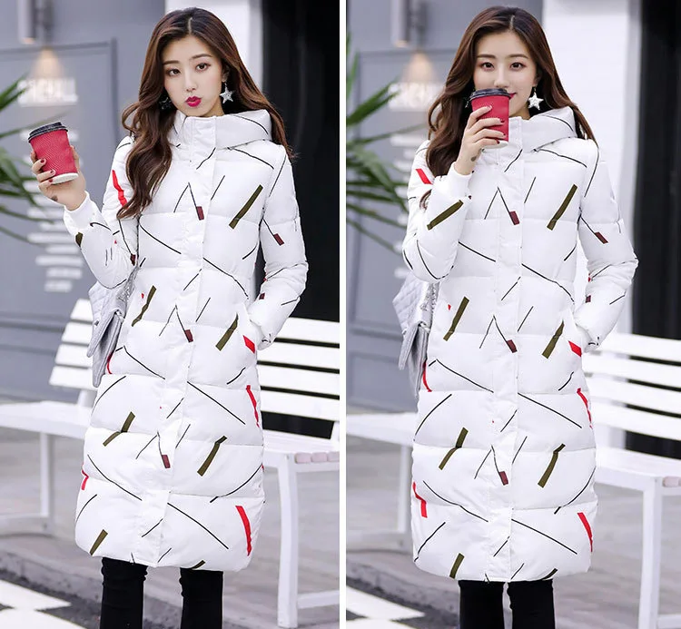 Winter Jacket Coat Women Hooded Cotton Padded Long Parkas New Women Coat Warm Slim Fit Printed Women Jacket