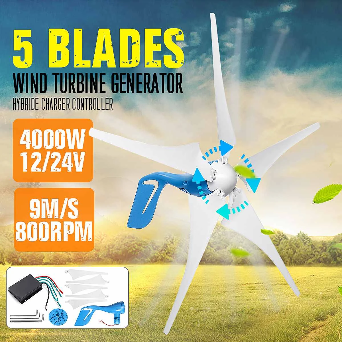 US $193.26 4000W Wind Turbine Generator 24V 12V with 5 Blades Controller Developed Small Windmill for Home Use Streetlight