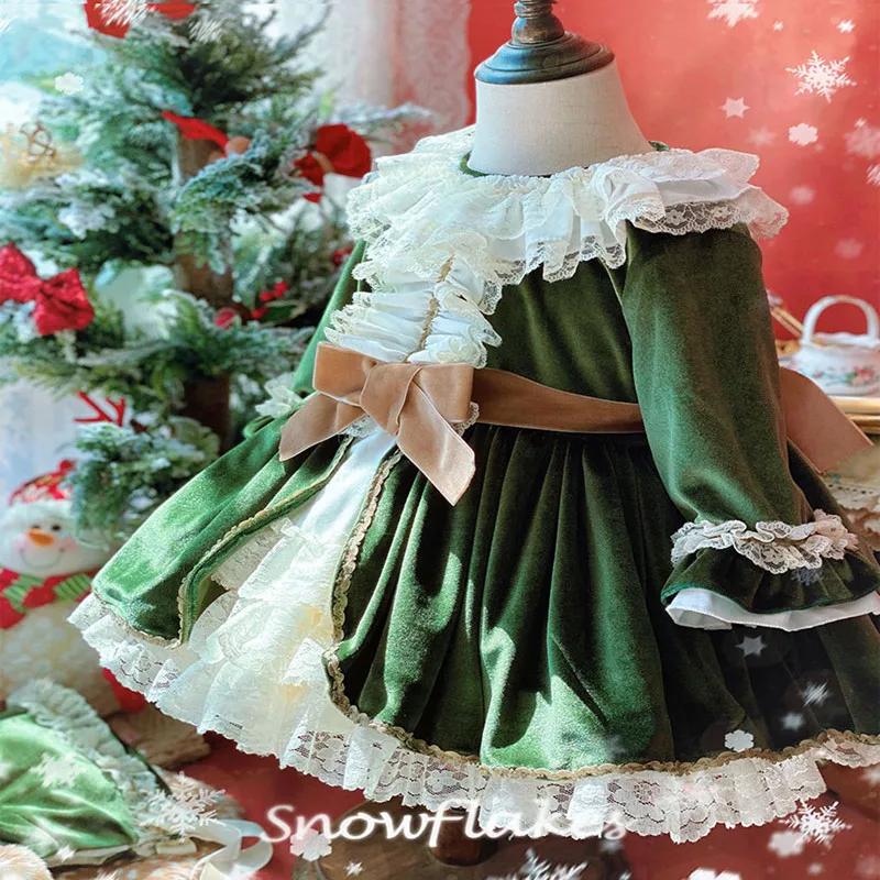 

Vintage Spanish Turkey Velvet Princess Dress Baby Girl Winter Green Christmas Birthday party stitching ball gown dress