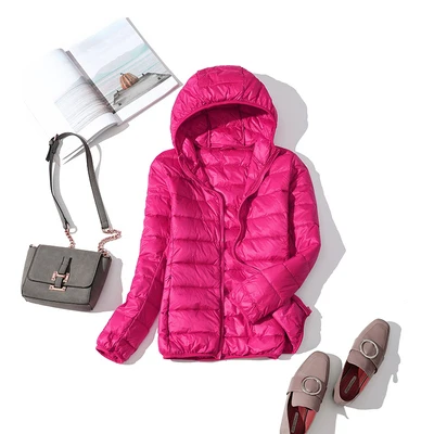 rose Red Hooded Queen Goddess, женский пуховик с капюшоном, 90% утиный пух, теплое пальто, однотонная портативная верхняя одежда, большой размер, ультра-светильник, зимнее пальто - Цвет: rose Red Hooded