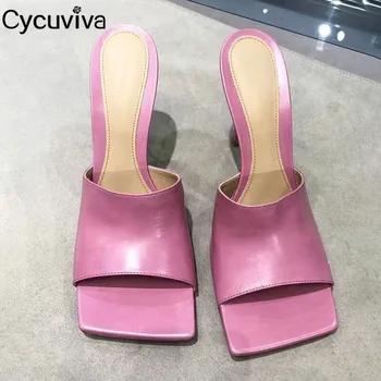 

Hot Square Toe Mules Sandals High Heel Peep Toe Slippers Women Pink nude Leather Runway Summer Party Shoes Woman Designer slides