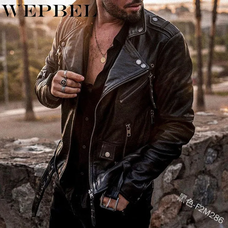 

WEPBEL Men's Fashion Motorcycle Zip Button Jacket Casual Long Sleeve Turn-down Collar Solid Color Jacket