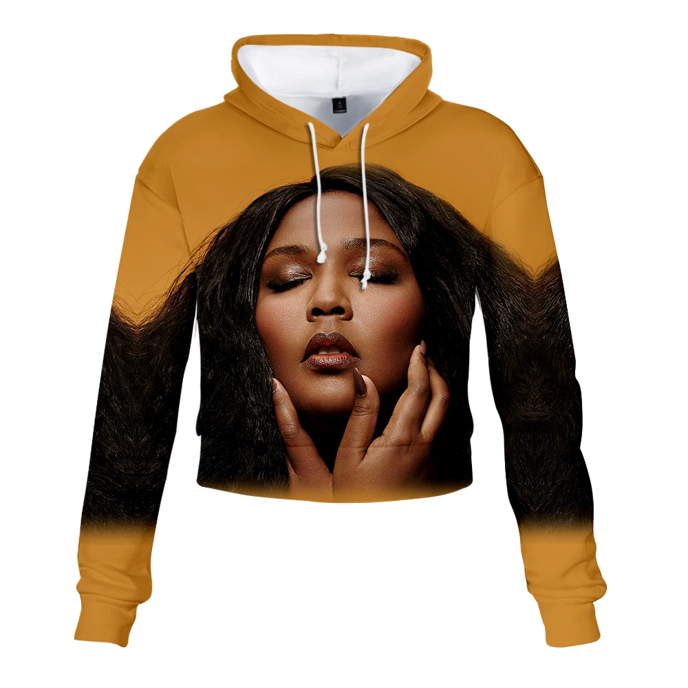 Hot Short Sexy Cropped Hooded Sweatshirt Women Long-sleeved  Raper Lizzo face 3D Printed Hoodies Women