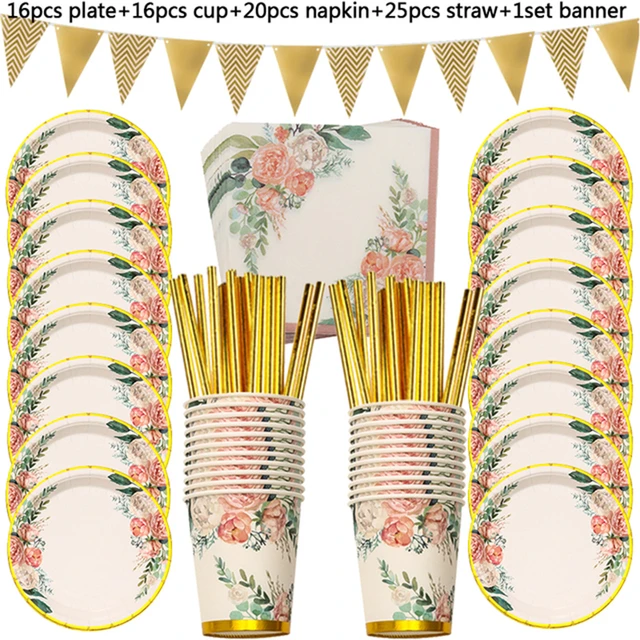 Ensemble de Vaisselle de Fête Jetable, Assiettes, Gobelets et Serviettes en  Papier, Feuille Noire et Dorée, Décorations de Maison pour Enfant -  AliExpress