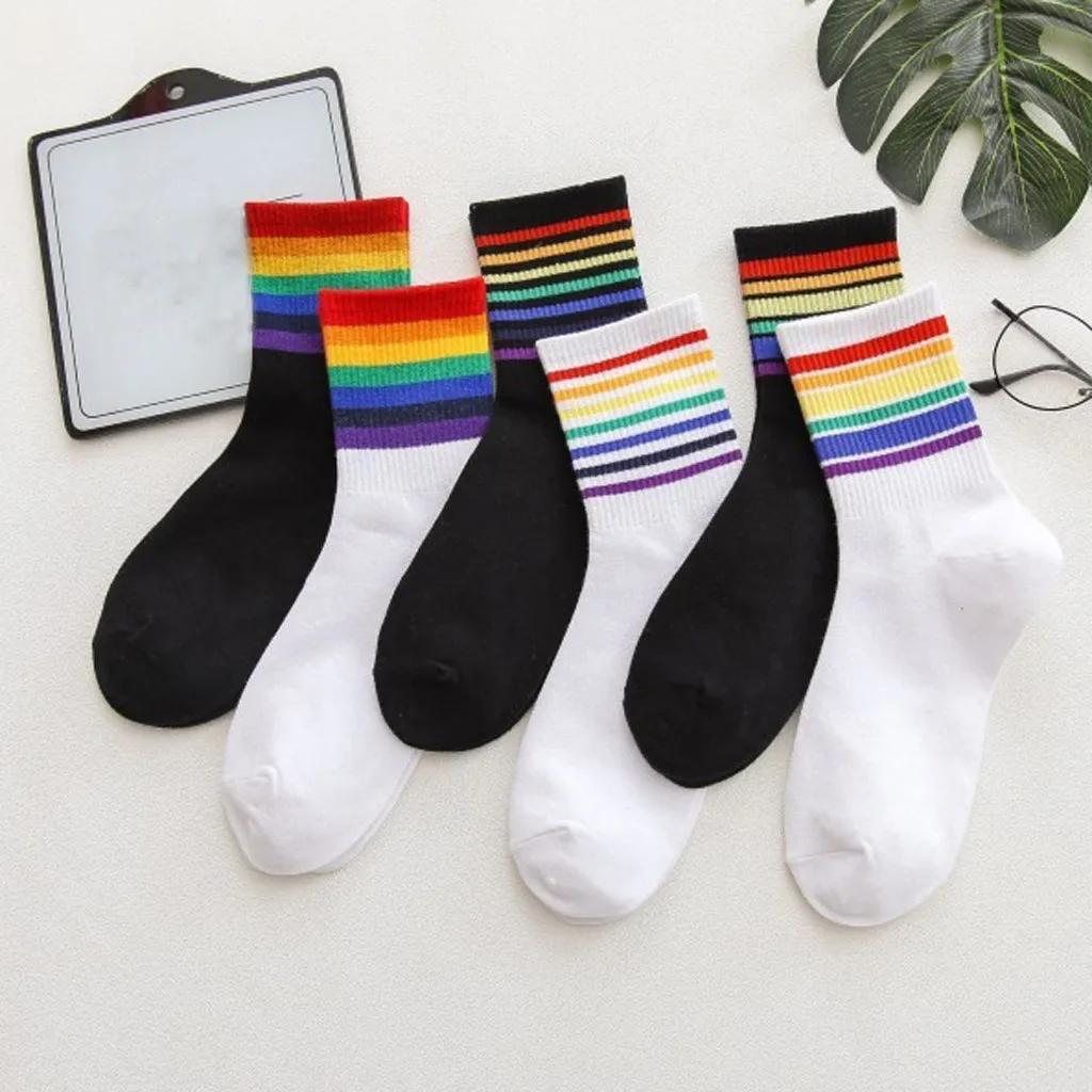 2 pairs of lovers wild rainbow striped cotton socks loaded deodorant sweat-absorbent warm casual sports office autumn winter new