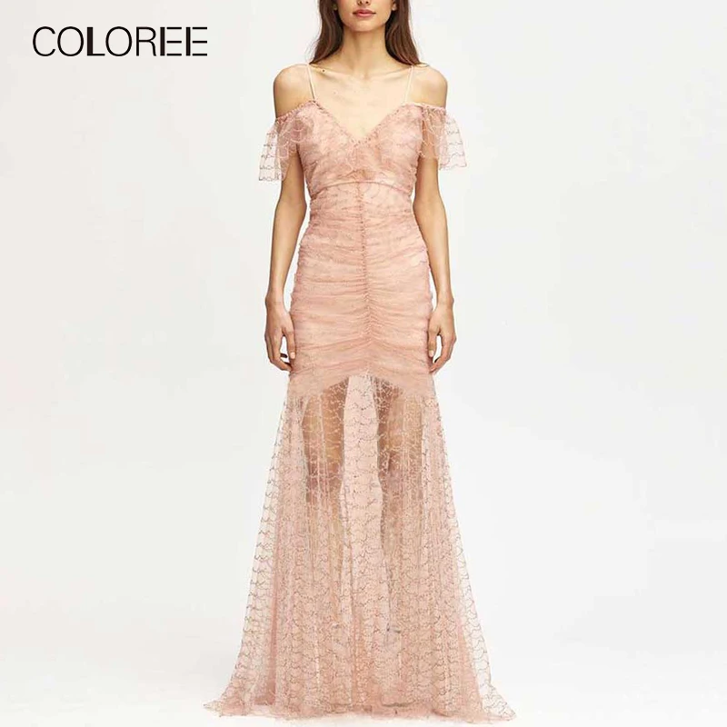 Цветное сексуальное прозрачное платье на тонких бретельках, элегантное розовое/синее длинное платье с v-образным вырезом, вечернее Клубное женское платье Vestidos - Цвет: Розовый