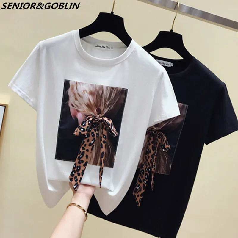 Harajuku 2022 Summer Cotton T Shirts Femme Short Sleeve Tops O-neck Loose Print Tshirts Leopard Big Bow Tie Patch Tee | Женская одежда