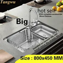 Стандартная кухонная раковина Большая пищевая 304 нержавеющая сталь 0,7 мм с одним слотом горячая Распродажа 800x450x230 мм