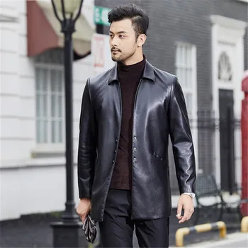 

Men's Leather jacket 2020 spring autumn new Mid-length lapel coat leisure Single-breasted Motorcycle PU leather Windbreaker