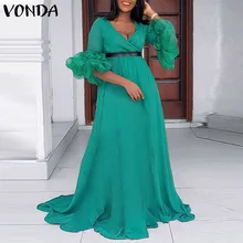 

Autumn Spring Long Dress VONDA Women Casual Flare Sleeve Sexy V Neck Half Sleeve Party Dresses Female Loose Fall Sundress Robes