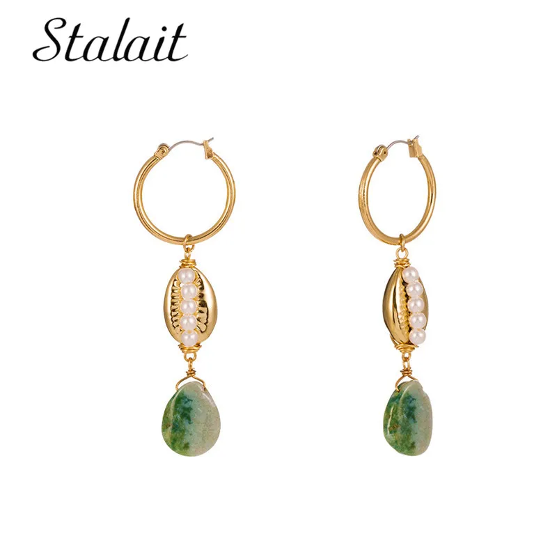 

Romantic U Shape Hook Metal Shell Pearl Beads Dangle Earrings Green Natural Stone Vintage Earrings For Women Vocation Gift