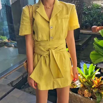 

2019 summer Women Solid color Turn down collar Casual Short Sleeve Buttons overalls elegant Bandage Cotton Linen Jumpsuits