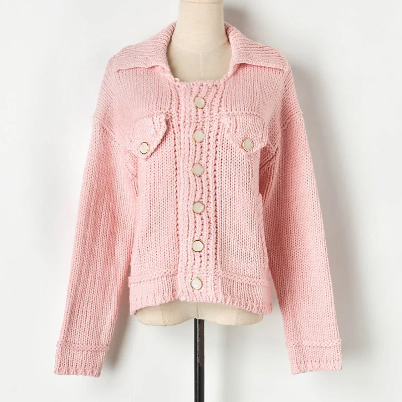 Sweater (Wu Yifan) Высокое качество Wu Yi все розовый цвет грубая игла лацкан вязание свитер Свободное пальто женщина F90744 - Цвет: Sweater (Wu Yifan)