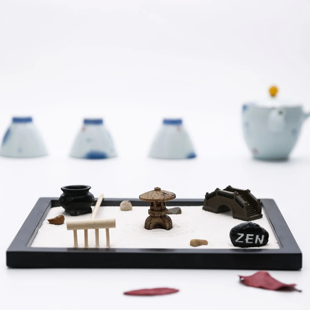 Wooden Zen Garden Accessories Tools Kits - Mini Rake Stamp Decorations Office Tabletop Sand Garden Rocks Plants Fairy Garden