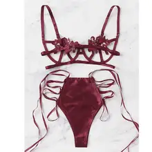 Сексуальное женское белье бюстгальтер набор Для женщин чёрные кружевные аппликации слинг сатиновый комплект повязки ночная рубашка с вырезом Нижнее белье Комплект Lenceria 661BRS10