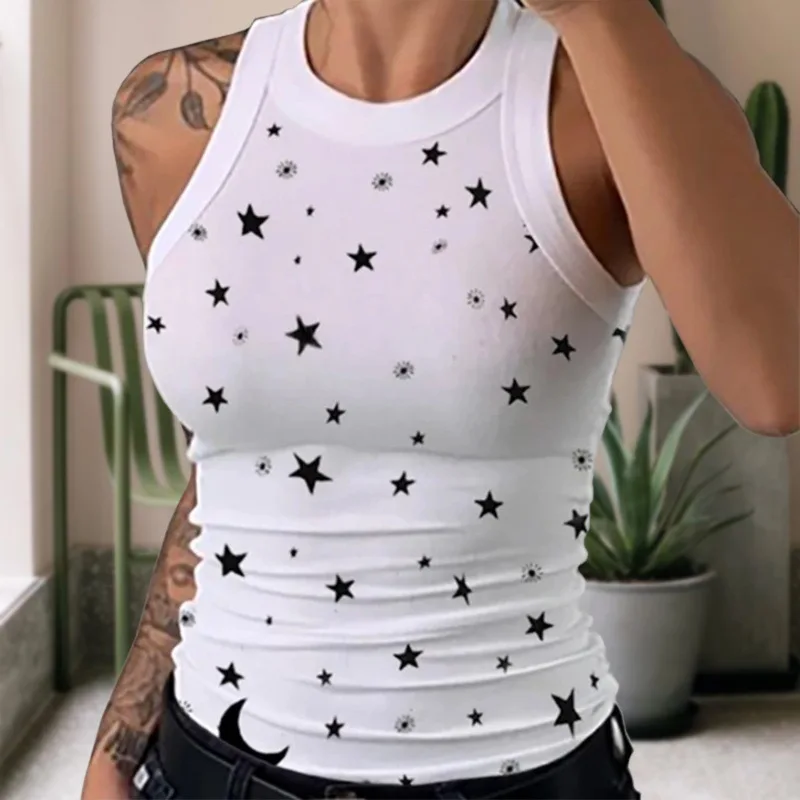 Summer Women Print Striped Tank Tops Sexy Round Neck Sleeveless Vest Ladies  Camouflage Pentagram White Street Vest Hot sale5xl