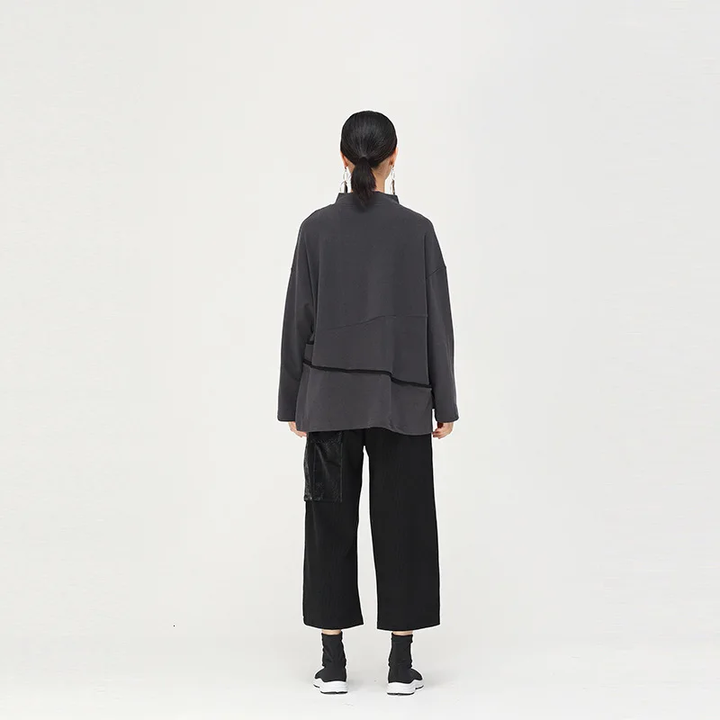 [EAM] Loose Fit Split Joint With Fleece Sweatshirt New Round Neck Long Sleeve Women Big Size Fashion Autumn Winter 1K085