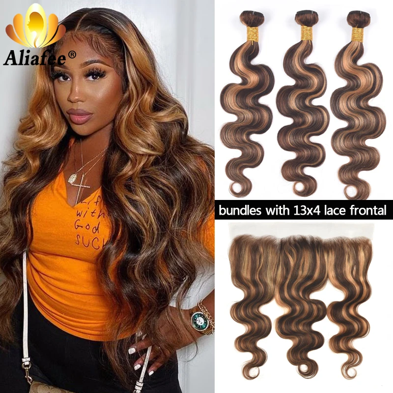 Aliafee destacar de color Ombre pelo mechones con Frontal P4/30 de la onda del cuerpo del Remy extensiones de cabello humano mechones con 13x4 Frontal de encaje