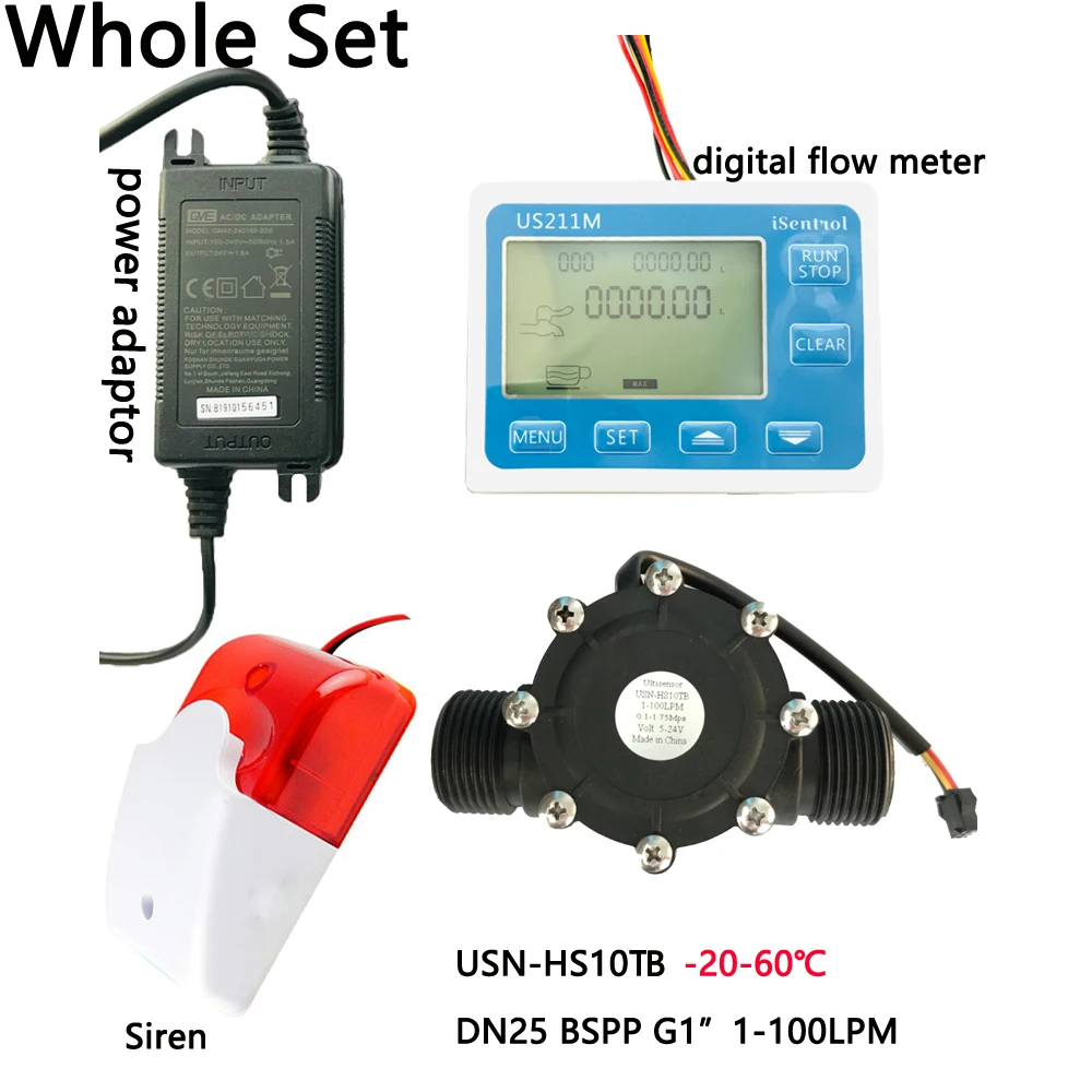 

US211MA Water Flow Meter Totalizer Alarmer and PA66 USN-HS10TB Flow Senor Turbine flowmeter G1" BSPP Water Suspend Alarming Sys