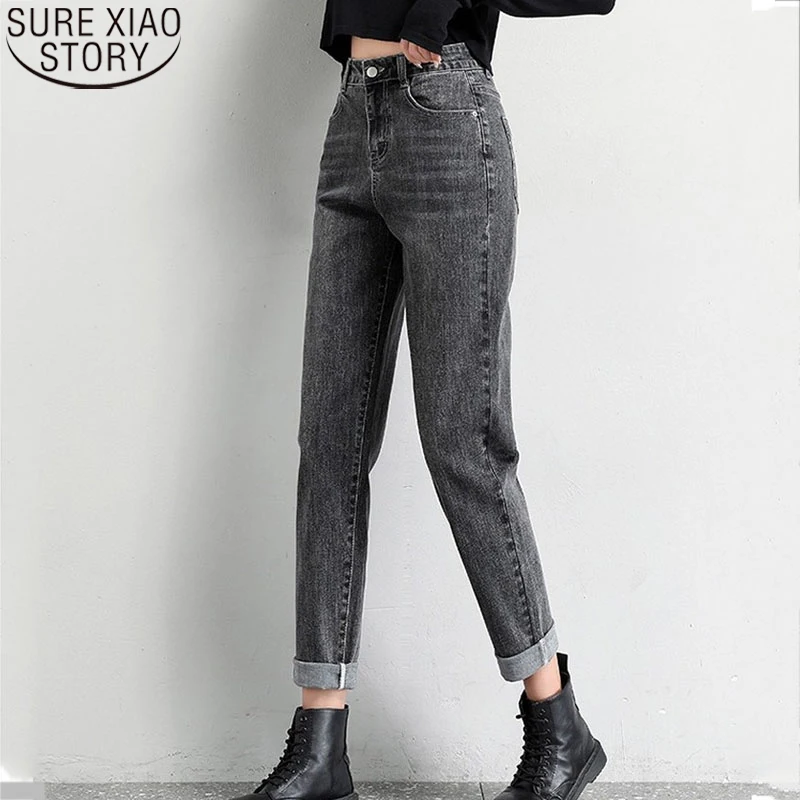 Vaqueros de cintura alta de mujeres Vintage gris pantalones de otoño moda Jeans Denim bolsillos botón 2021 nuevo pantalones Harem Pantalones 10594