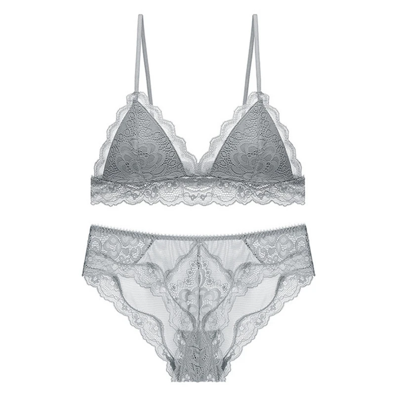

Sexy Woman French Sexy Lace Ladies Underwear No Steel Ring Thin Cotton Cup Comfortable Breathable Support Bra Set WT040
