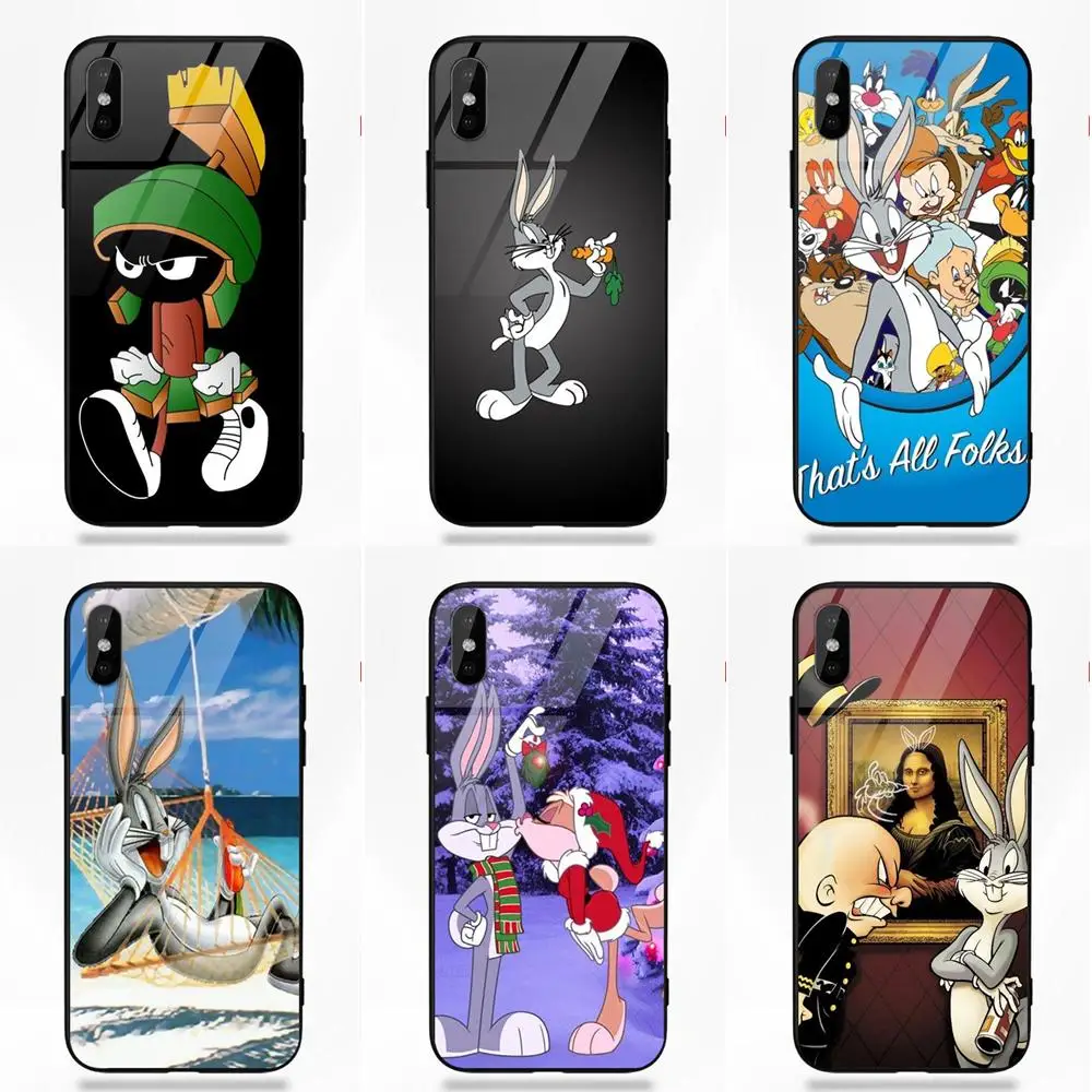 

Ultra Silicone TPU Frame Tempered Glass Phone Case For Apple iPhone 5 5C 5S SE 6 6S 7 8 Plus X XS Max XR Bugs Bunny Tunes
