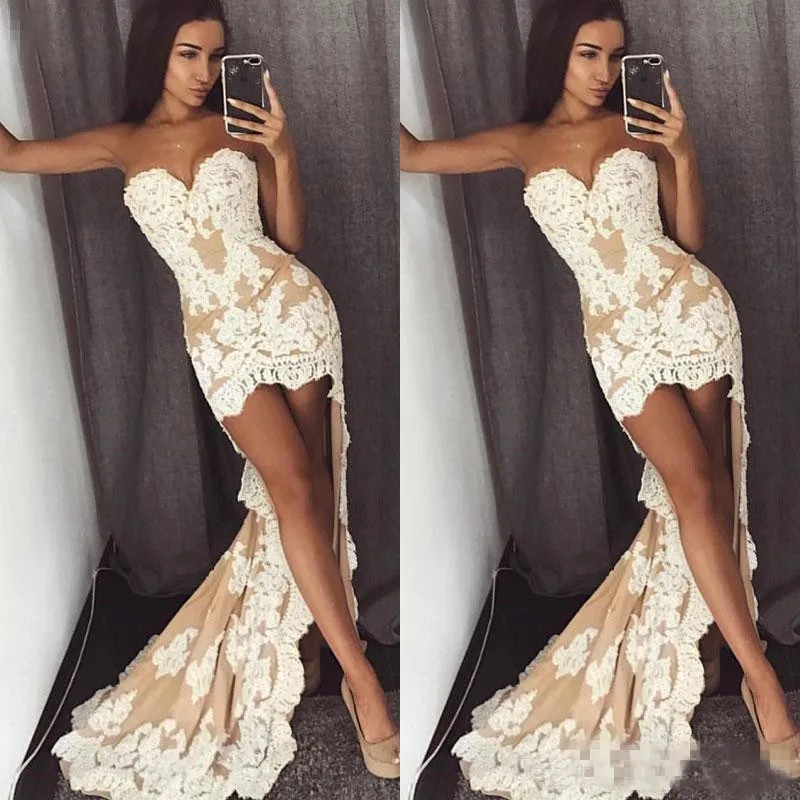 

Sexy Champagne Lace Mermaid Prom Dresses Sweetheart Front Short Back Long Plus Size Evening Occasion Party Wears Cocktail Dress